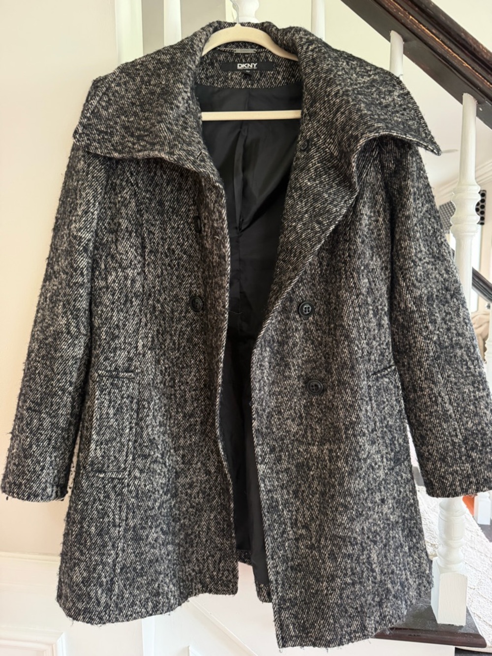 DKNY Black & Gray Tweed Wool-Blend Peacoat
